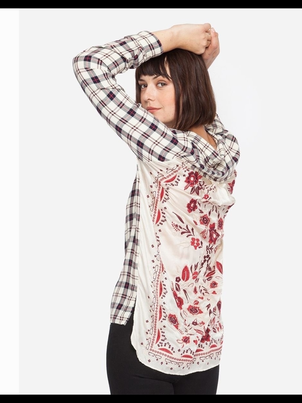 Johnny Was Cream Silk Plaid Button-Down